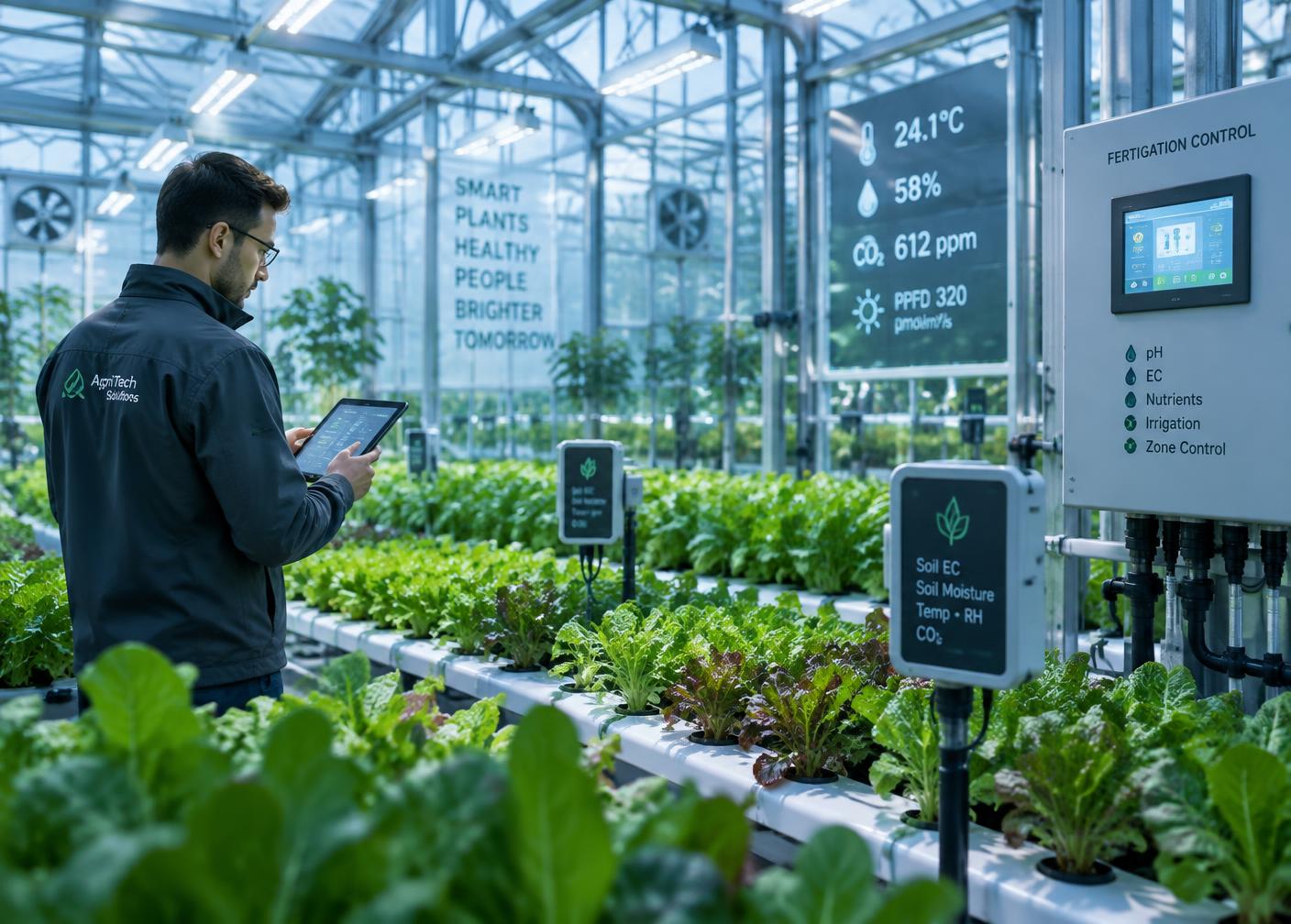 Smart greenhouse engineer monitoring climate and fertigation systems