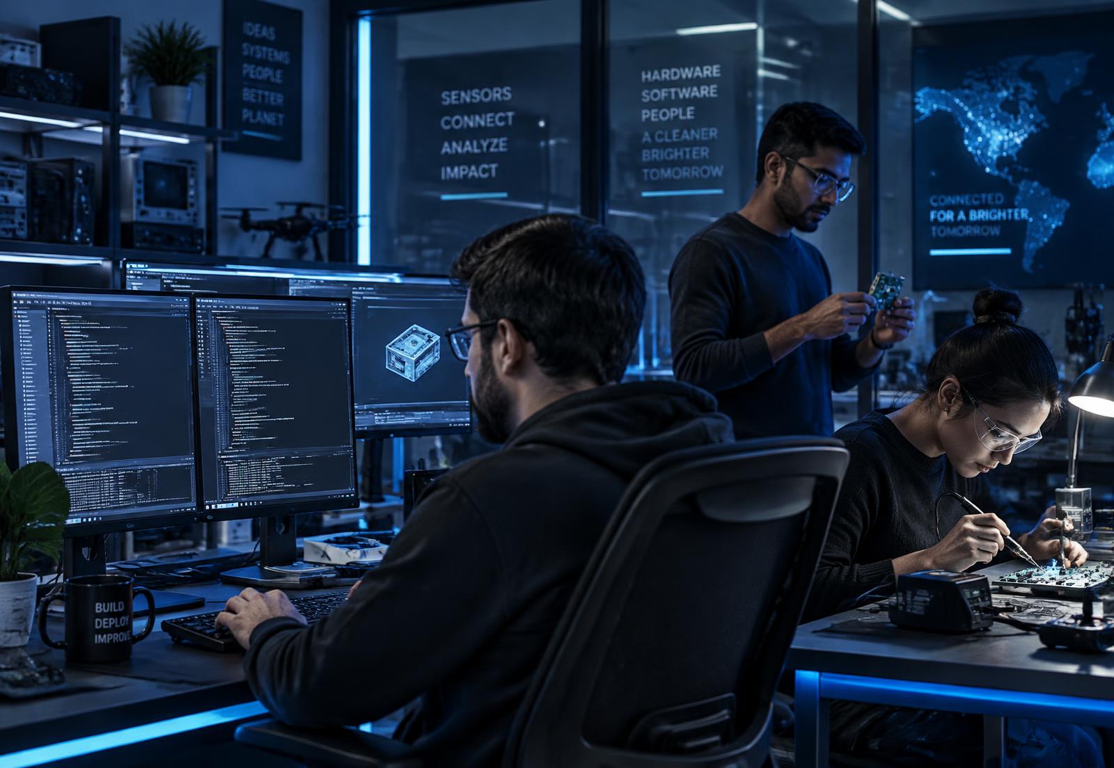 Engineering team collaborating across software and hardware